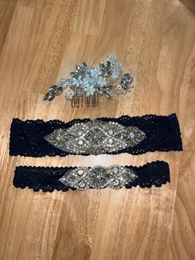 Bridal Navy Lace Garter Set with hair comb pin